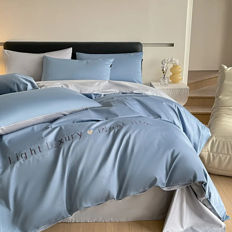 Afralia™ 120S Long Staple Cotton Satin Embroidery Bedding Set - Solid Color Twin Full Double Comforter