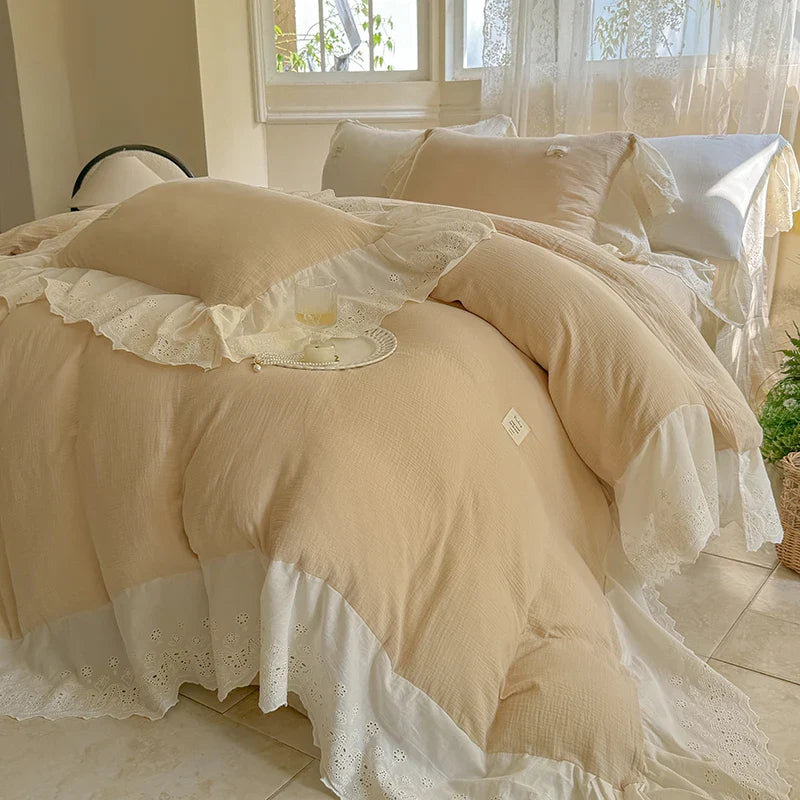 Afralia™ Lace Ruffles Princess Wedding Bedding Set in Pure Cotton Skin-friendly Fabric