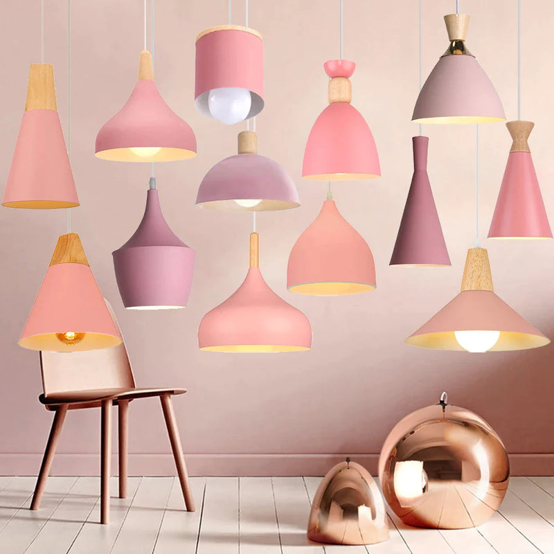 Afralia™ Pink Wood Pendant Light: Nordic Modern E27 Shade for Living Room Decor.