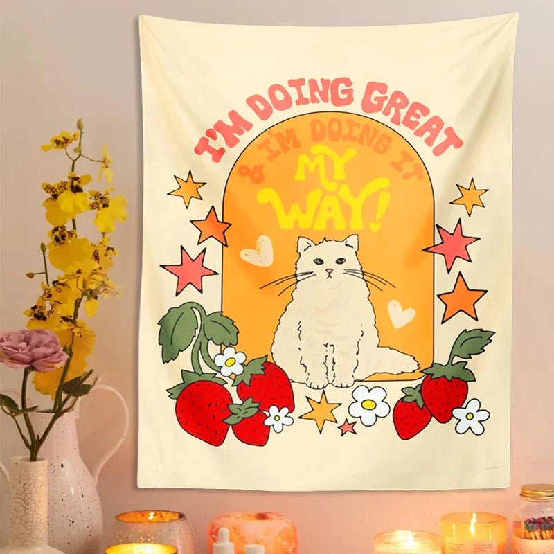 Afralia™ Cute Cat Star Strawberry Tapestry Wall Hanging for Boho Home Decor