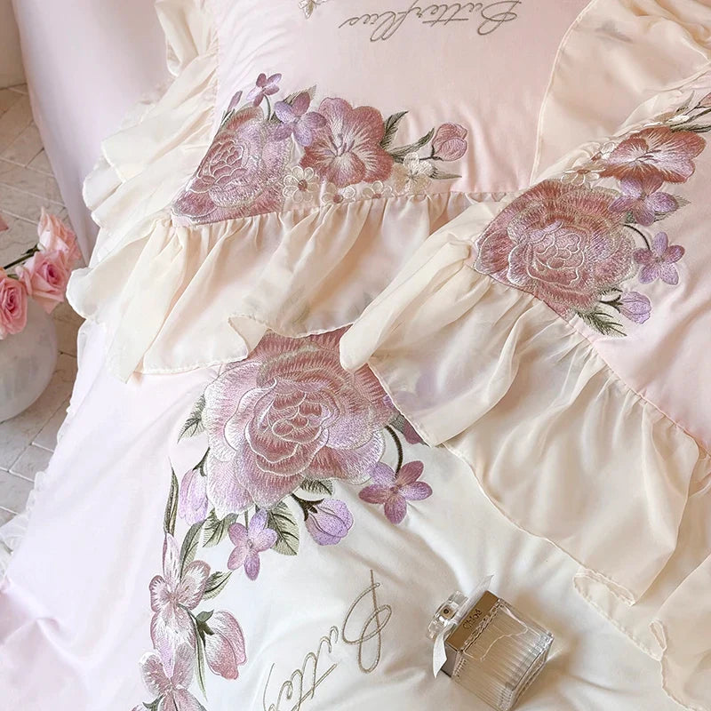 Afralia™ Flowers Lace Ruffles Wedding Bedding Set 1000TC Egyptian Cotton Duvet Cover Set