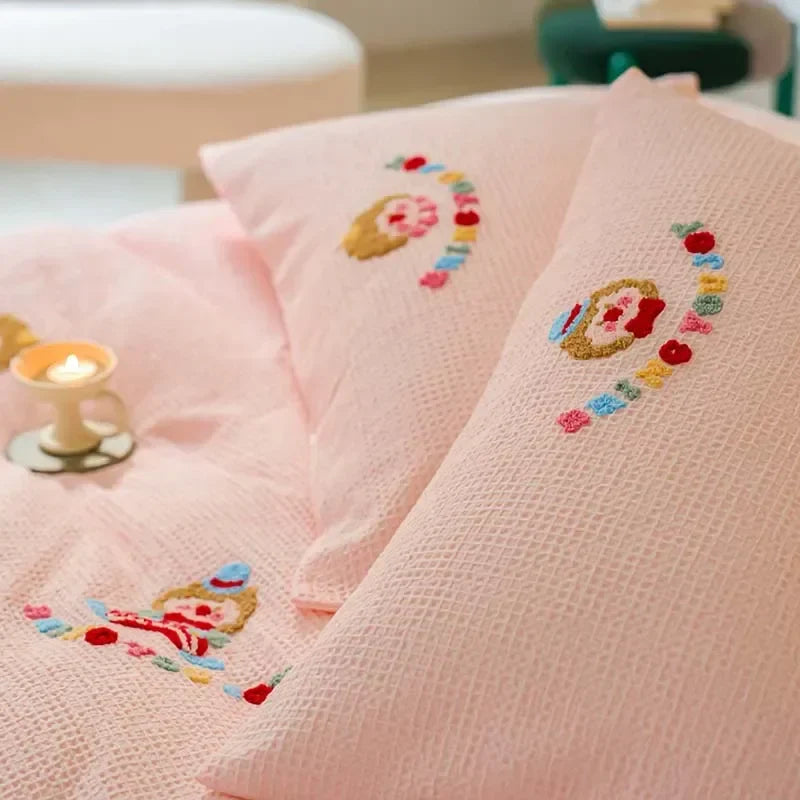 Afralia™ Pink Waffle Cotton Duvet Set with Sheet, Pillow, and Throw - High-End Embroidered Bedding
