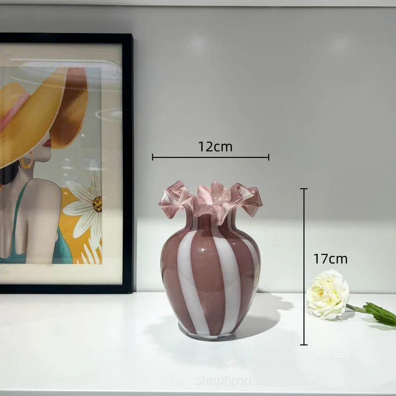 Afralia™ Striped Glass Vase Wavy Edge Flower Pot Terrarium Room Decoration