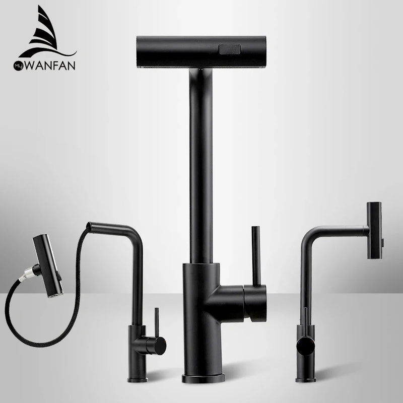 Afralia™ Stainless Steel Pull-out Kitchen Faucet Waterfall Hot Cold Mixer Tap Rotating 3668