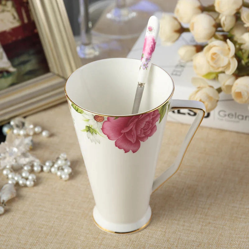 Afralia™ Floral Bone China Tea Mug with Spoon and Elegant European Design