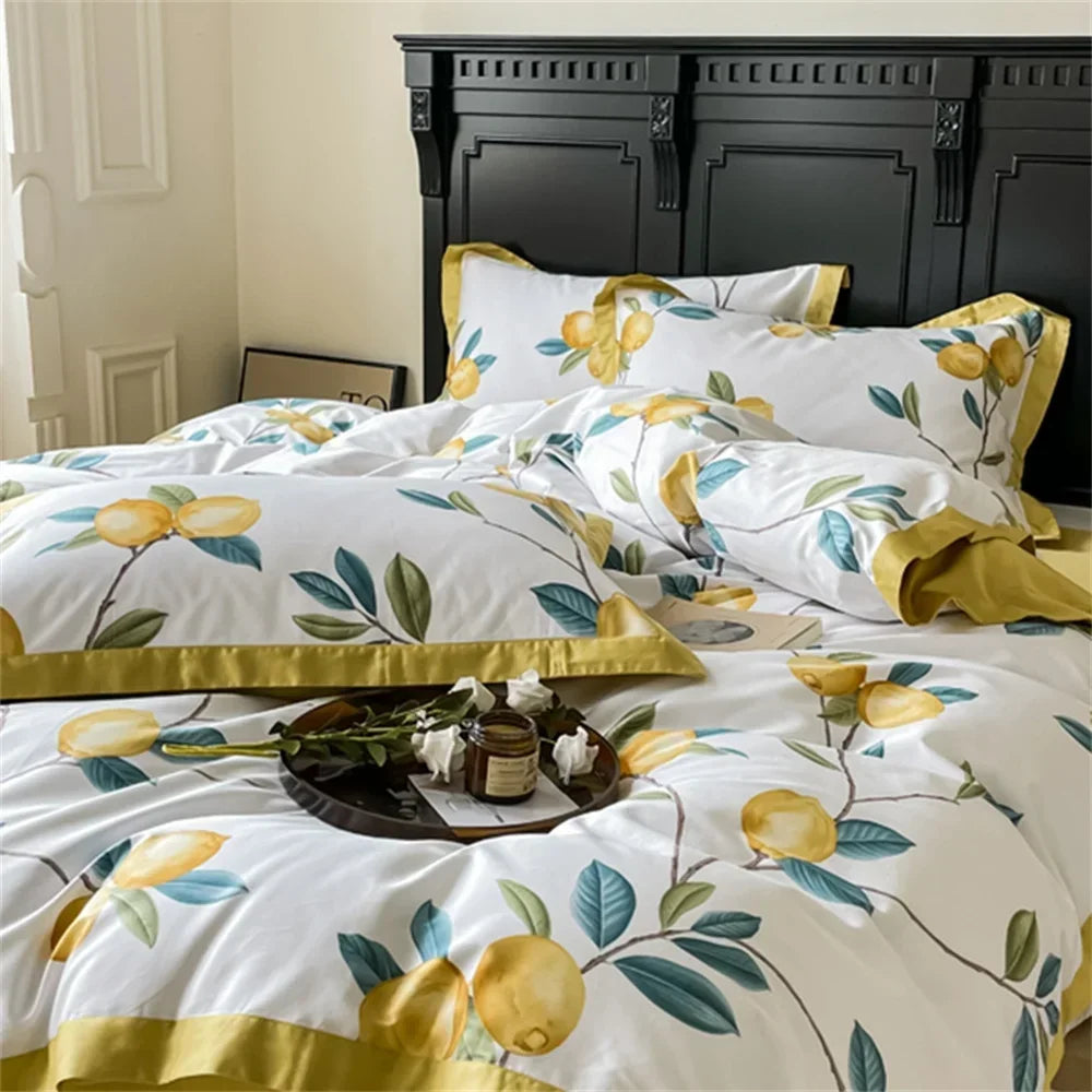 Afralia™ Yellow Lemon Fruit Satin Egyptian Cotton Duvet Cover Set - Queen King Size