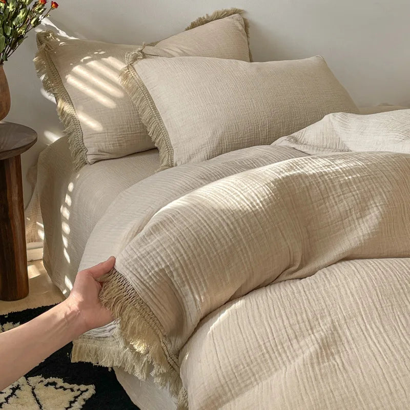 Afralia™ Pure Cotton Tassel Duvet Set Double Layered Cozy Bedclothes