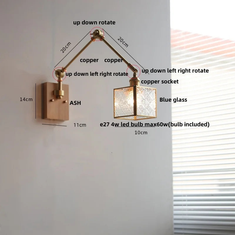 Afralia™ Ash Wood LED Swing Arm Wall Light with Pull Chain Switch & Blue Glass