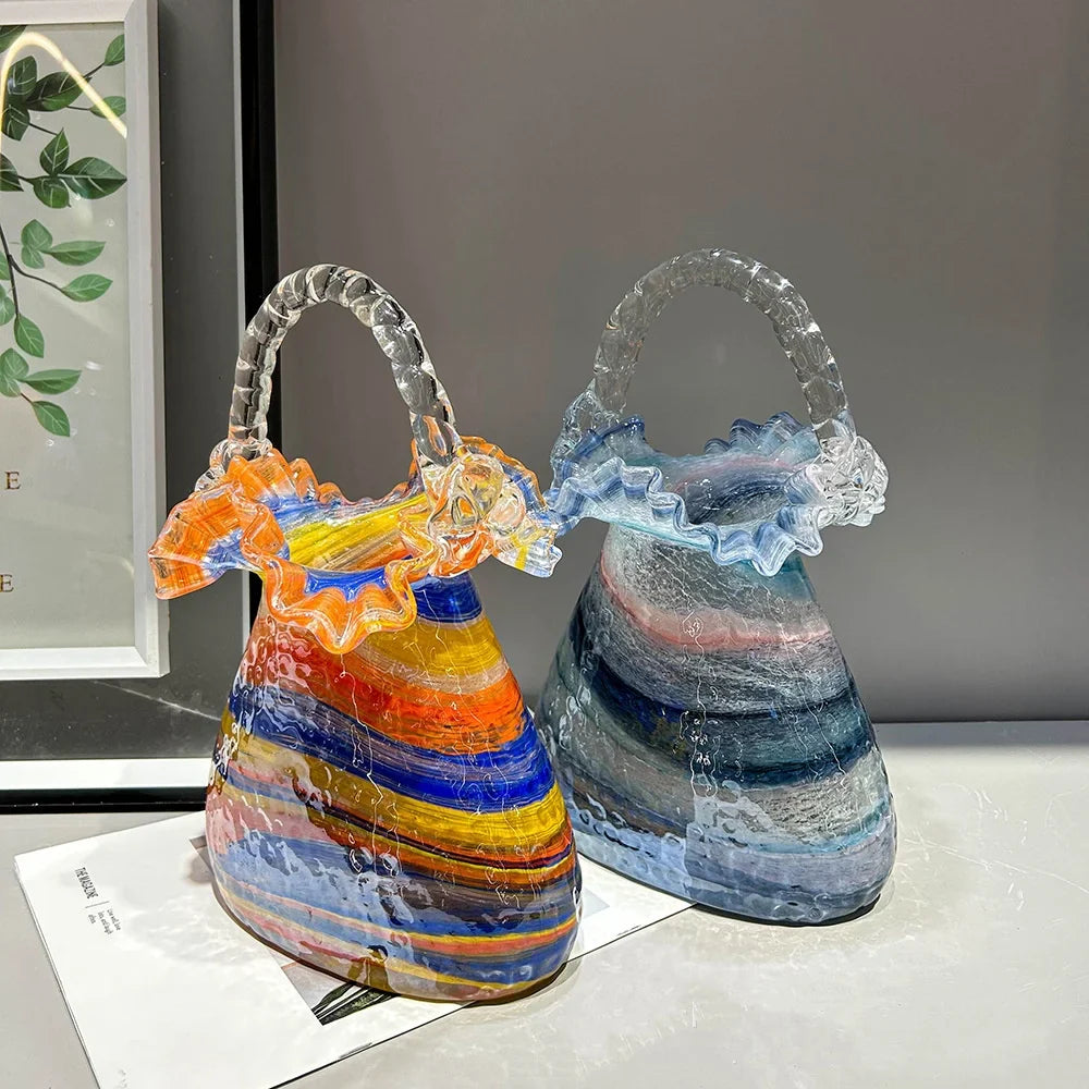 Afralia™ Glass Vase Basket Handbag Flower Arrangement Home Decoration Accessories