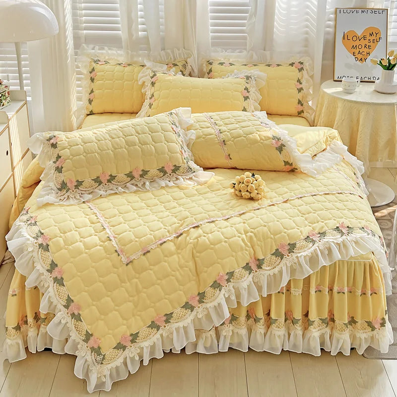 Afralia™ Korean Princess Bedding Set: Flowers, Lace, Ruffles, Embroidery, Quilted, Duvet Cover, Bedspread