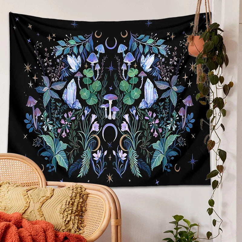 Afralia™ Moon Moth Mushroom Forest Mandala Tapestry Botanical Bedroom Decor