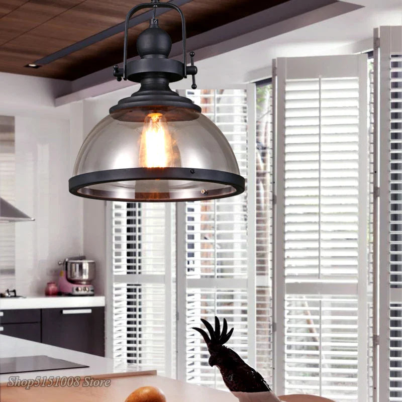 Afralia™ Vintage Iron Pendant Light Glass Lampshade Industrial Decor Kitchen Dining Lighting