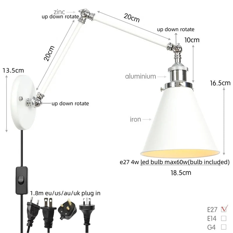 Afralia™ Industrial Lens Vintage Loft LED Wall Lamp with Swing Arms & Pull Chain Switch