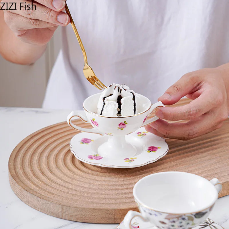 Afralia™ Flower Edge Porcelain Cup Icecream Mug Tea Coffee Teacup Juice Cup