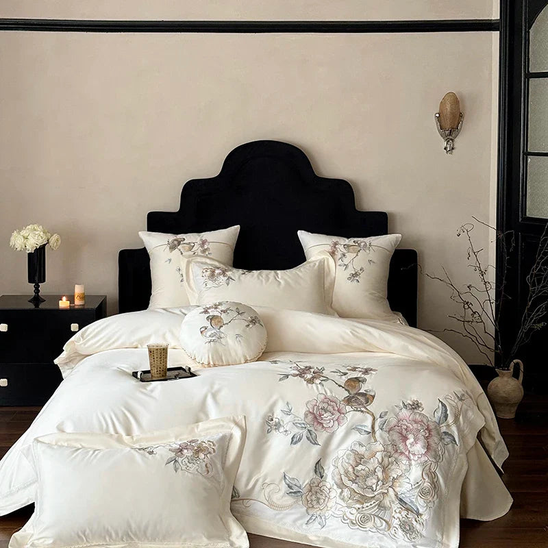 Afralia™ 5-Piece Chinese Flowers Bird Embroidery Bedding Set, 1000TC Egyptian Cotton, Queen King