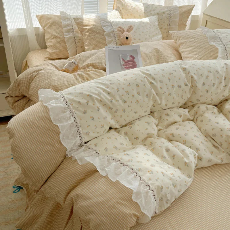 Afralia™ Cotton Small Florals Princess Bedding Set - Queen Size - Duver Cover Bed Sheet Bed Skirt Pillowcases