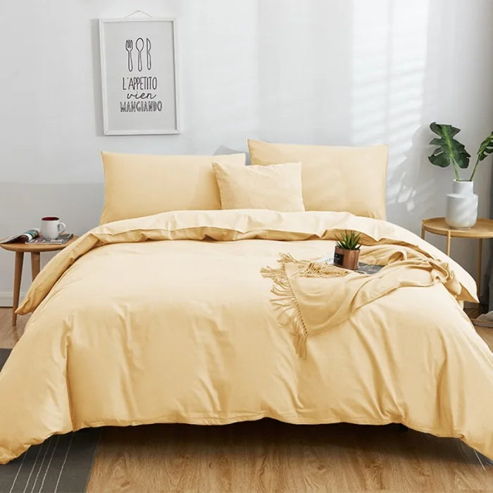 Afralia™ Cotton 4pcs Bedding Set Double Queen Solid Color Duvet Cover Flat Bed Sheet