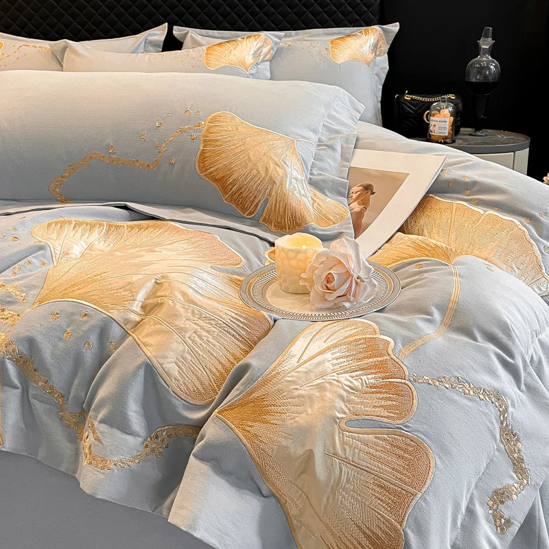 Afralia™ Gold Ginkgo Leaf Embroidery Bedding Set - 100% Cotton Luxury 4Pcs
