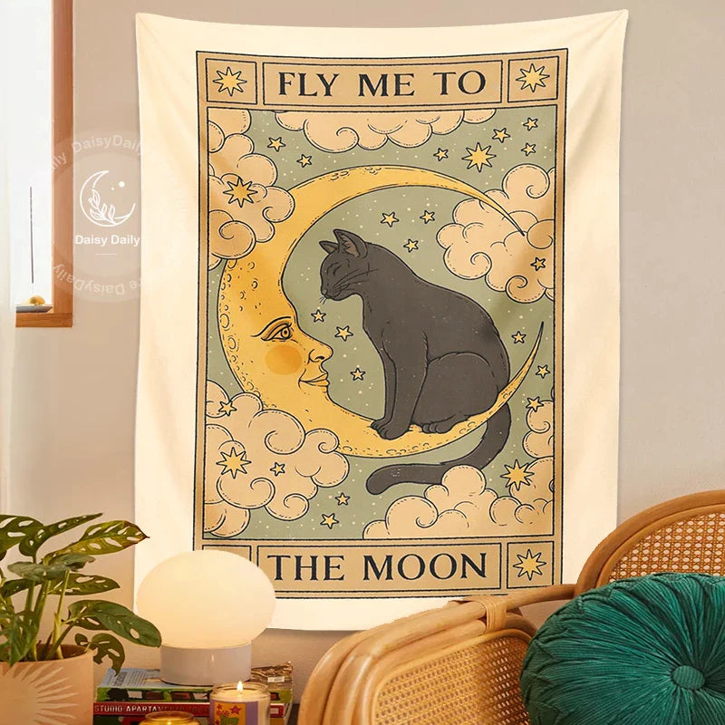 Afralia™ Moon Cat Tapestry Wall Hanging - Psychedelic Star Aesthetic Home Room Decor