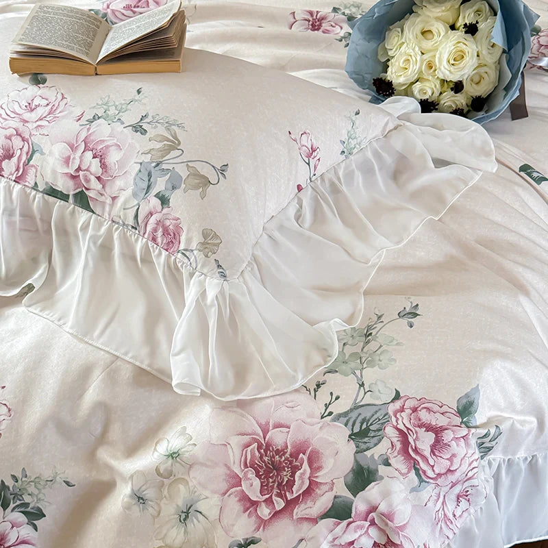 Afralia™ French Flowers Lace Ruffles Princess Bedding Set with Bed Sheet Pillowcases