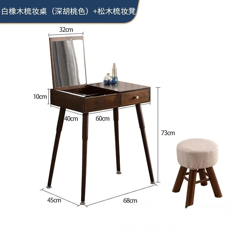 Afralia™ Solid Wood Makeup Dressing Table with Flip Style Mirror and Drawers