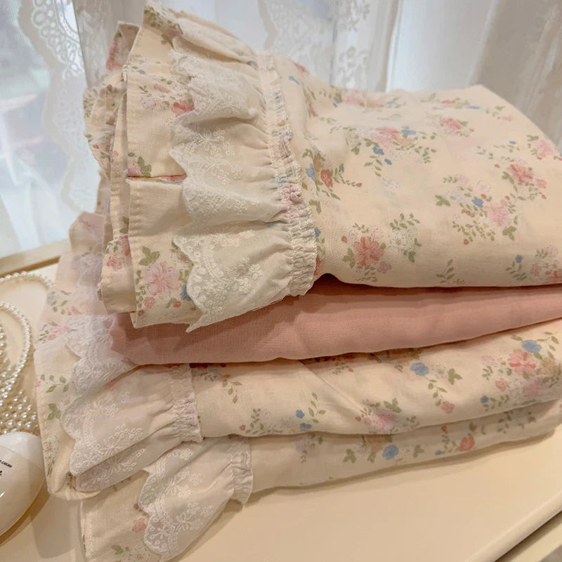 Afralia™ Floral Lace Ruffles Bedding Set in 100% Cotton, Korean Style, Single/Queen/King Size