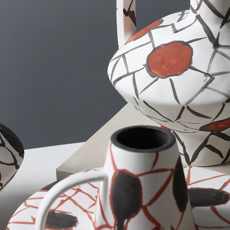Afralia™ Geometric Graffiti Ceramic Vase with Handles for Home Decor and Floral Arrangements.