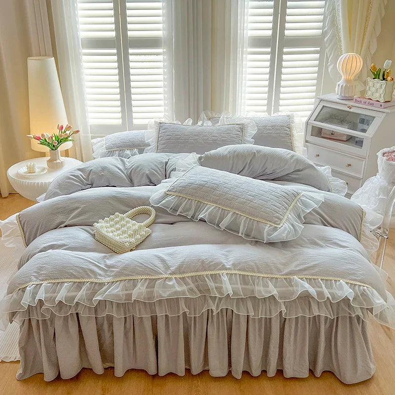 Afralia™ Seersucker Princess Bedding Set with Lace Ruffles - 4Pcs