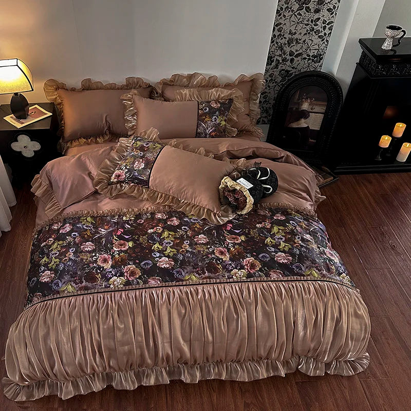 Afralia™ French Organza Lace Ruffles Bedding Set, Egyptian Cotton Duvet, Sheets & Pillowcases