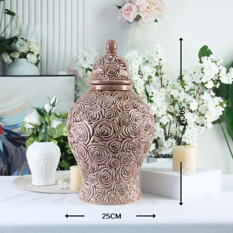 Afralia™ Checkmate Porcelain Ginger Jar with Rose Relief, Storage & Vase