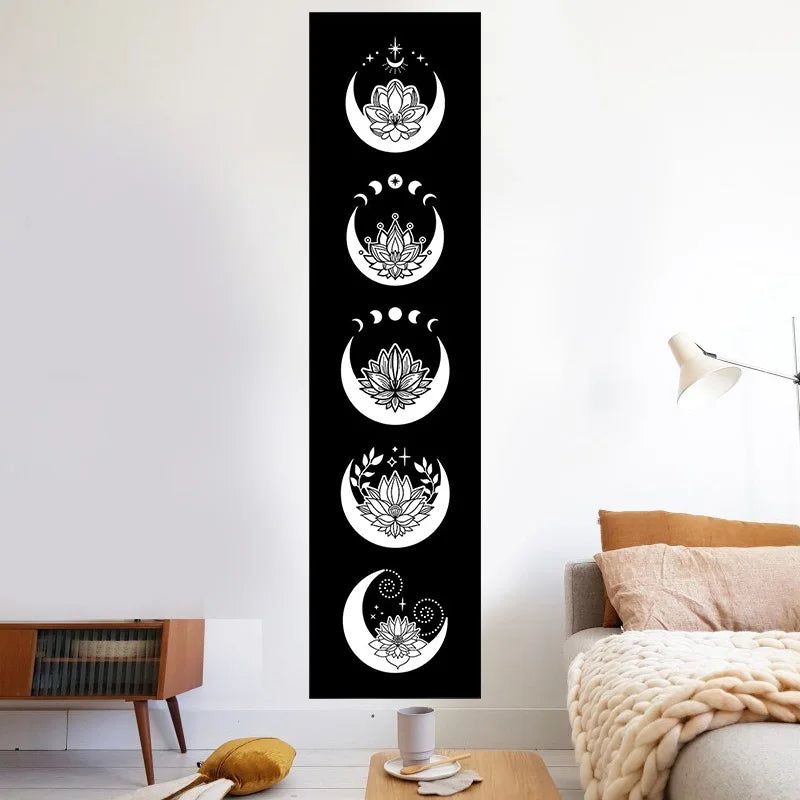 Flowers Moon Phase Tapestry Wall Art by Afralia™ - Black and White Home Decor