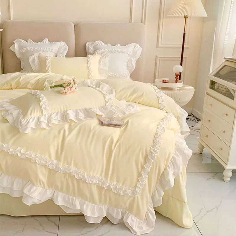 Afralia™ Korean Princess Lolita Bed 4-Piece Set in Solid Washed Cotton