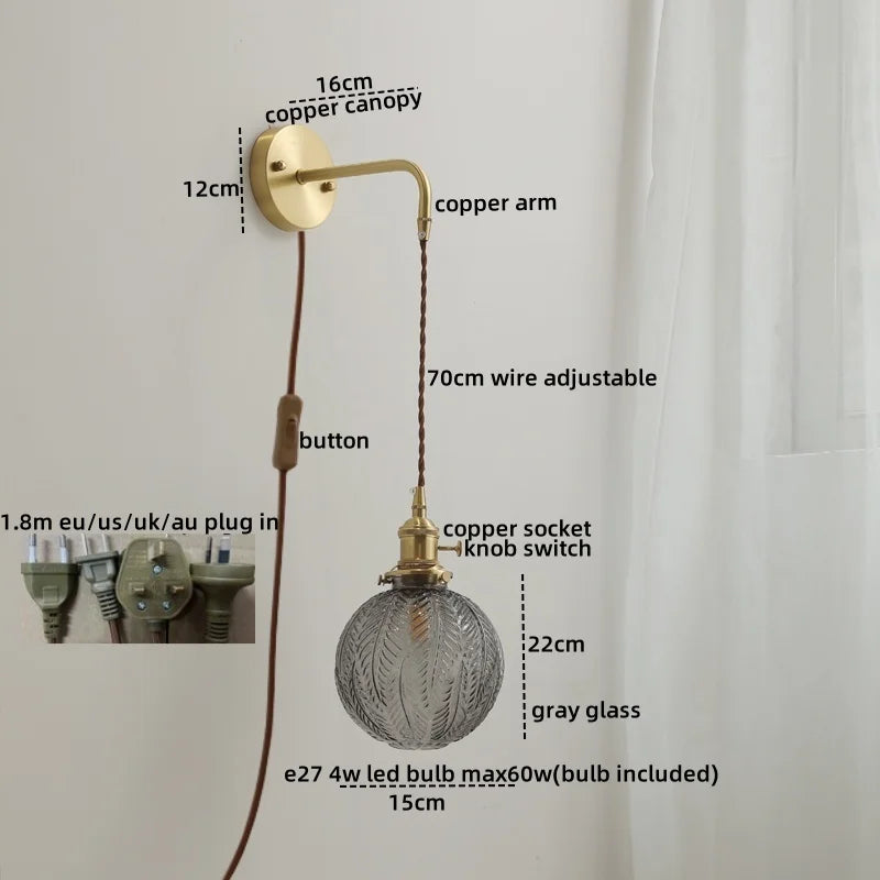 Afralia™ Glass Copper LED Wall Lights with Knob Switch, Modern Bedside Lamp