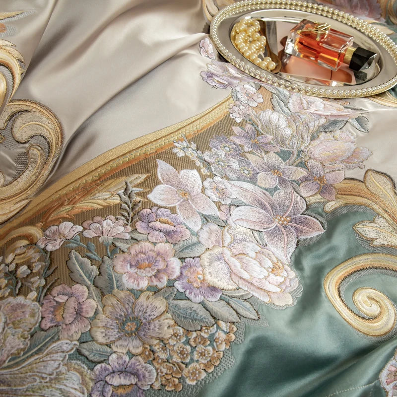 Afralia™ Vintage Flowers & Gold Embroidery Bedding Set - 4/6/9Pcs Egyptian Cotton Duvet Cover, Sheet & Pillowcases