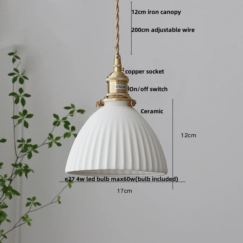Afralia™ Ceramic LED Pendant Light Fixture with Adjustable Wire, Brass Knob Switch