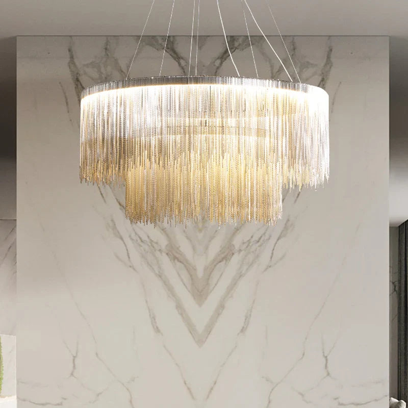 Afralia™ LED Tassel Chandelier Pendant Light for Living Room Villa Hall Silver Lustre