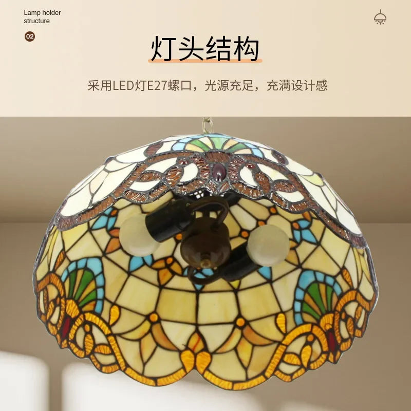 Afralia™ Stained Glass Tiffany Pendant Chain Light Fixture for Home Dining Room, E27 Bulb