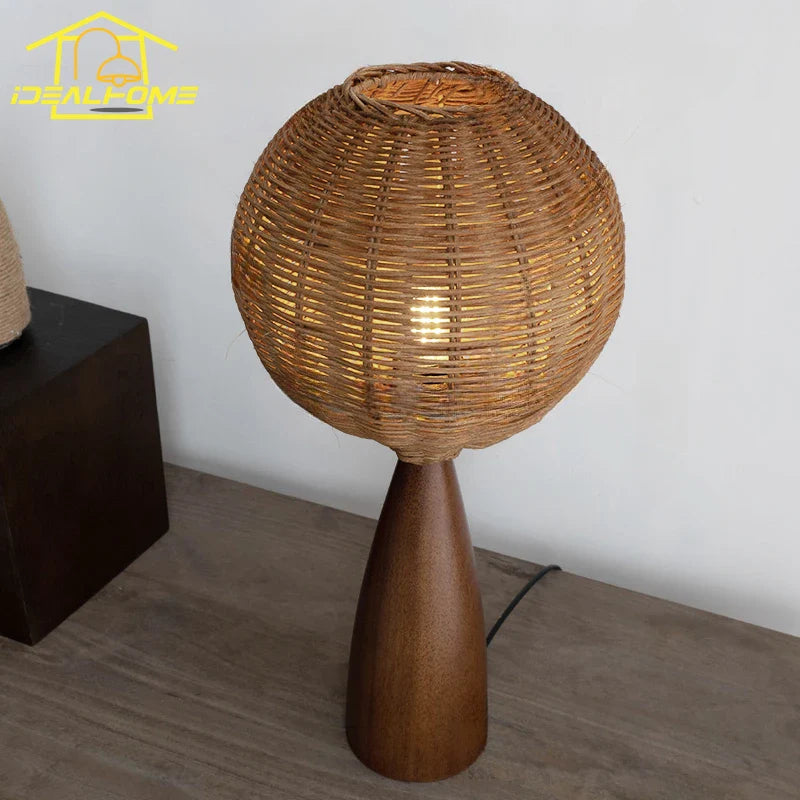 Afralia™ Wabi-Sabi Wooden Table Lamp LED Rattan Weaving Shade for Home Decor
