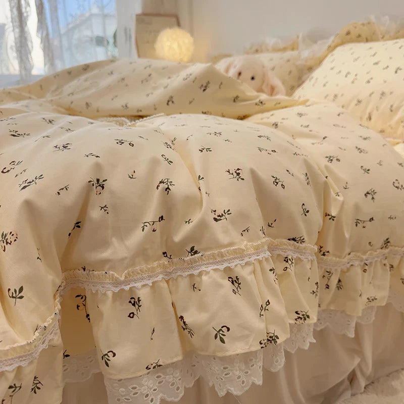 Afralia™ Korean Princess Style Floral Lace Ruffles Bedding Set with Pillowcase