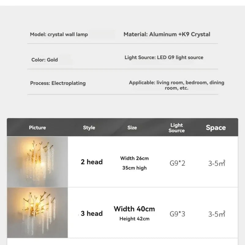 Afralia™ Luxury Gold Crystal Wall Lamp for Living Room Bedroom Stairs - Nordic Branch Design