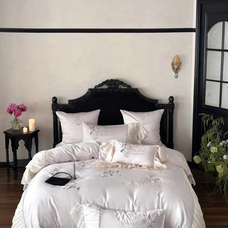 Afralia™ Embroidered Lace Princess Bedding Set - 4 Piece Cotton Flowers Collection