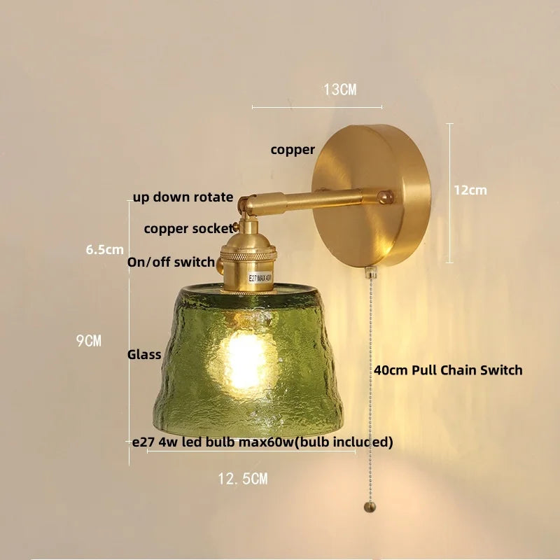 Afralia™ Flower Glass Pull Chain Wall Sconce, Rotatable Copper LED Stair Light
