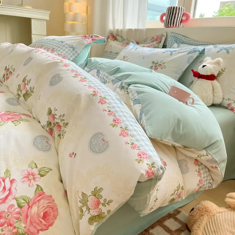 Afralia™ Fashion Flower Print Cotton Duvet Cover Set for All Seasons