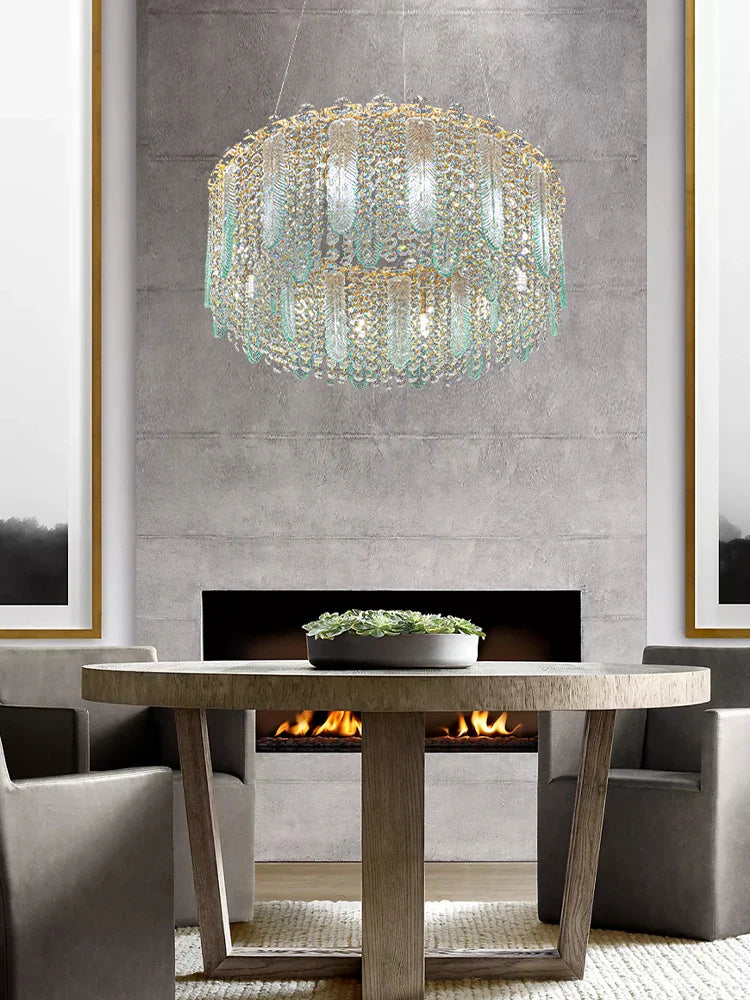 Afralia™ Gold Feather Crystal Tassel Chandelier & Ceiling Light Fixture
