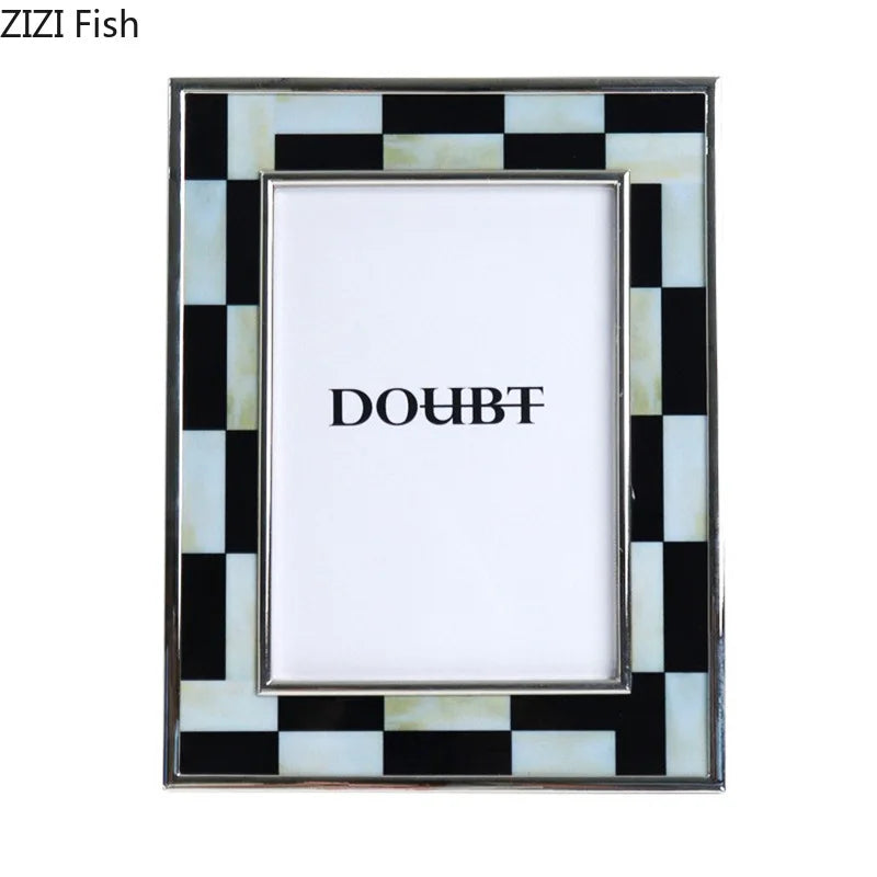 Afralia™ Black White Plaid Metal Photo Frame Abstract Desktop Decoration Display Frames