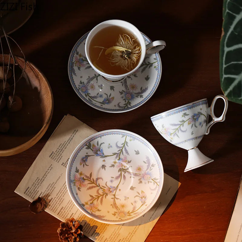 Afralia™ Gold Flower Ceramic Cup & Saucer Set - Elegant Goblet Mugs for Coffee, Tea, Juice