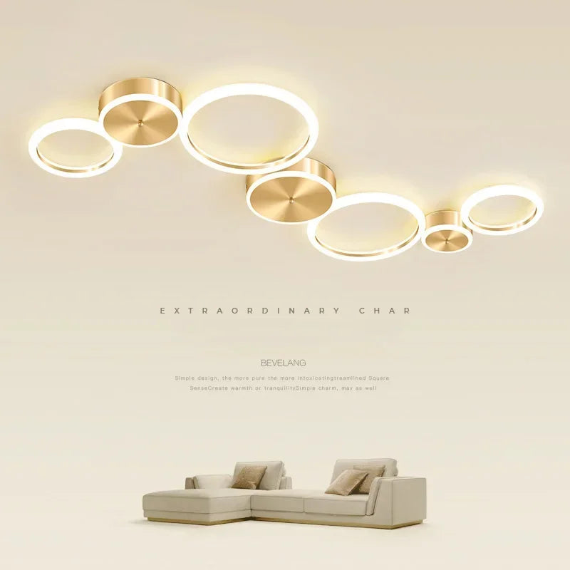 Afralia™ Modern LED Circle Rings Golden Ceiling Chandelier