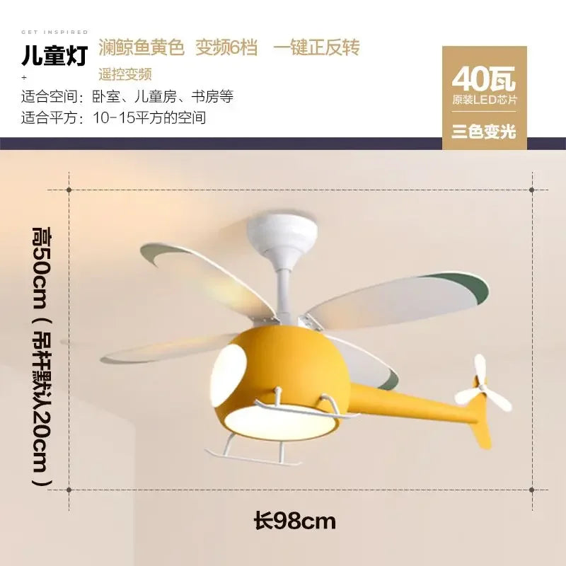 Afralia™ Kids' Helicopter Ceiling Fan with LED Light Chandelier - Modern Aircraft Design