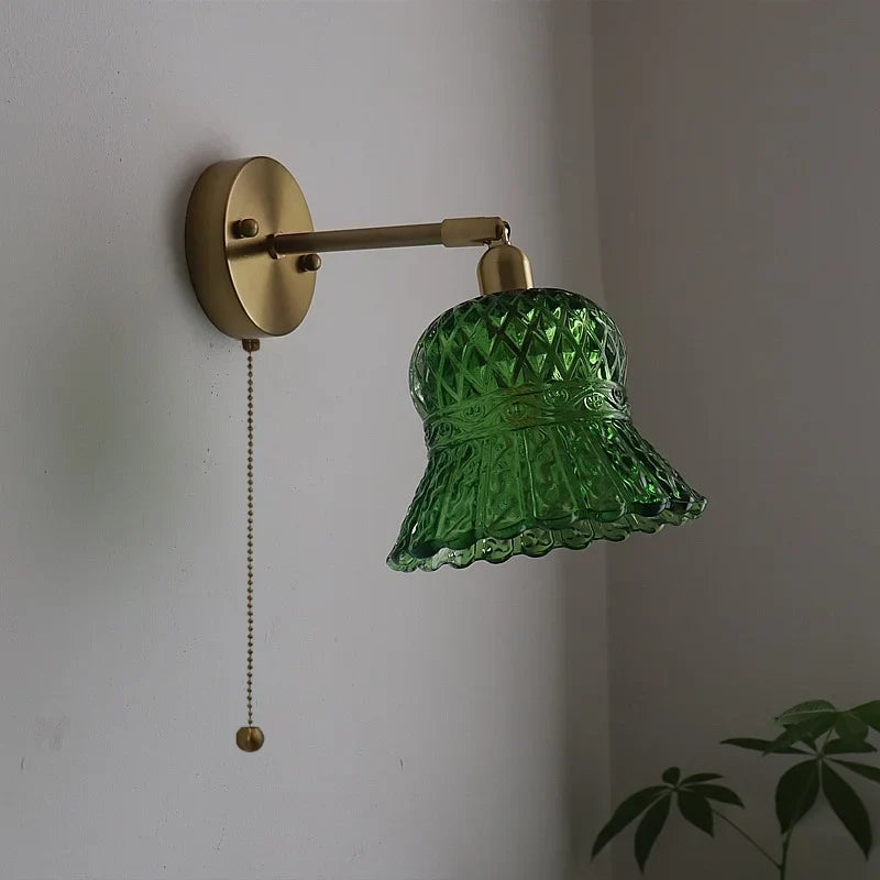 Afralia™ Vintage Copper Glass LED Wall Light with Pull Chain Switch for Dining Room Bedroom