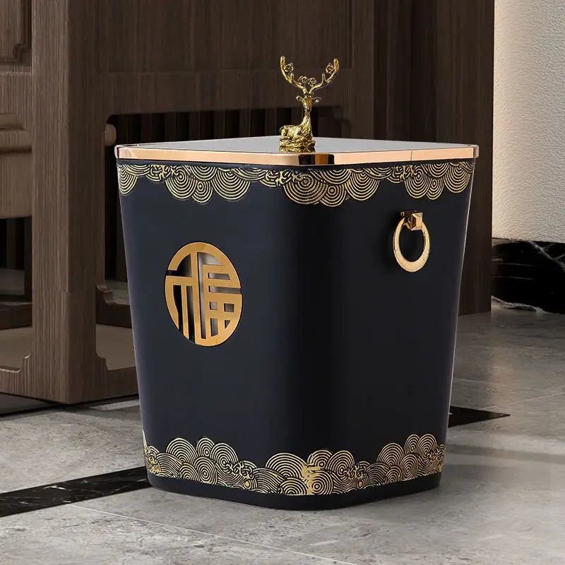 Afralia™ Modern New Chinese Style Trash Can with Lid for Living Room Decoration